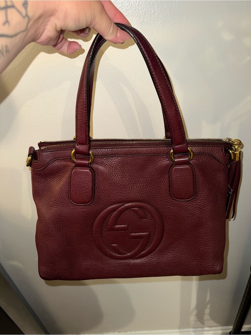 Gucci Burgundy Pebbled Leather Satchel with Embossed GG